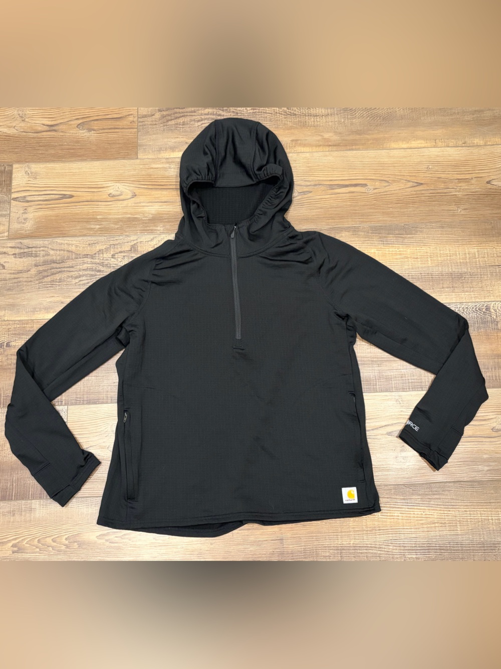 Carhartt Force Relaxed fit Black Hooded 3/4 zip Pullover Zip pockets Sz Lg EUC
